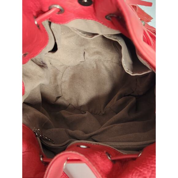 Vintage Y2K Lancaster Paris Red Bucket Drawstring Leather Crossbody bag - Picture 9 of 13